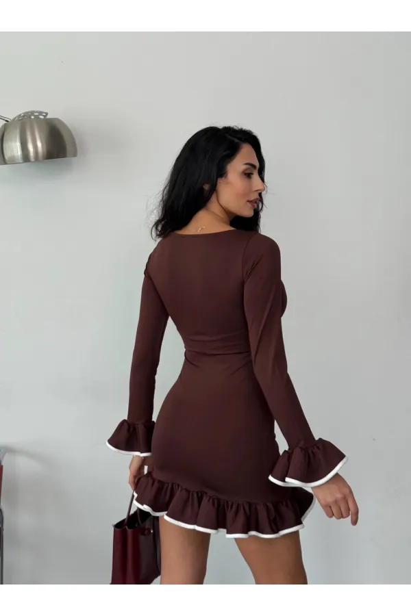 Women's Brown Long Sleeve Flounce and Piping Diving Fabric Mini Dress HZL25W-FRY123401