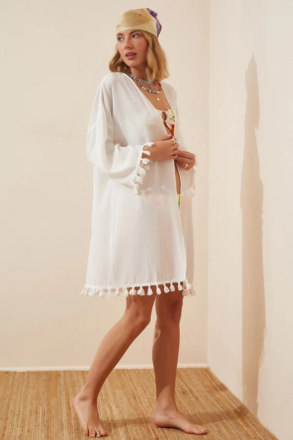Kadın Beyaz Püsküllü Midi Kimono HZL22S-BD158331