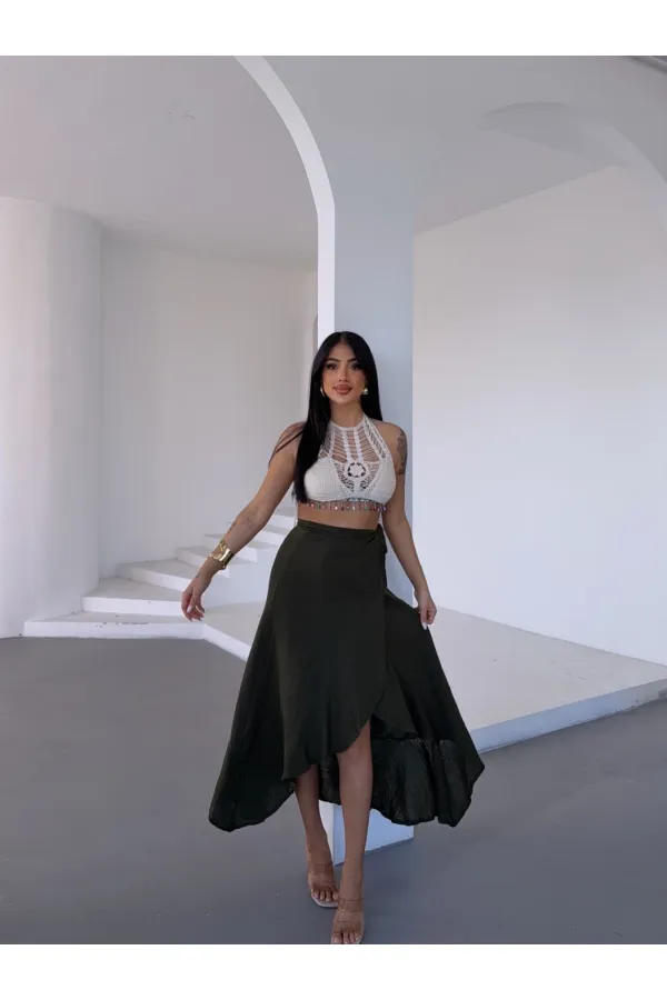 Kadım Haki Belden Bağlamalı Asimetrik Müslin Etek HZL25S-DSB117801