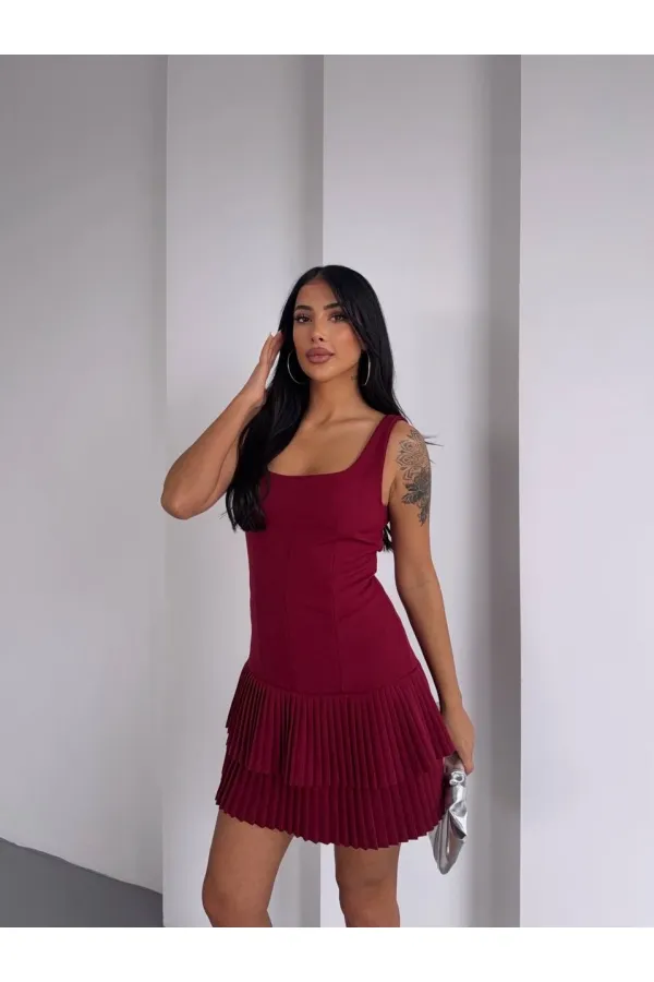Kadın Bordo Pileli Şortlu Mini Elbise HZL25S-FRY122991