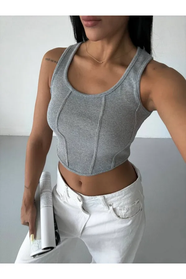 Chemisier court côtelé gris pour femme HZL25S-FRY123171