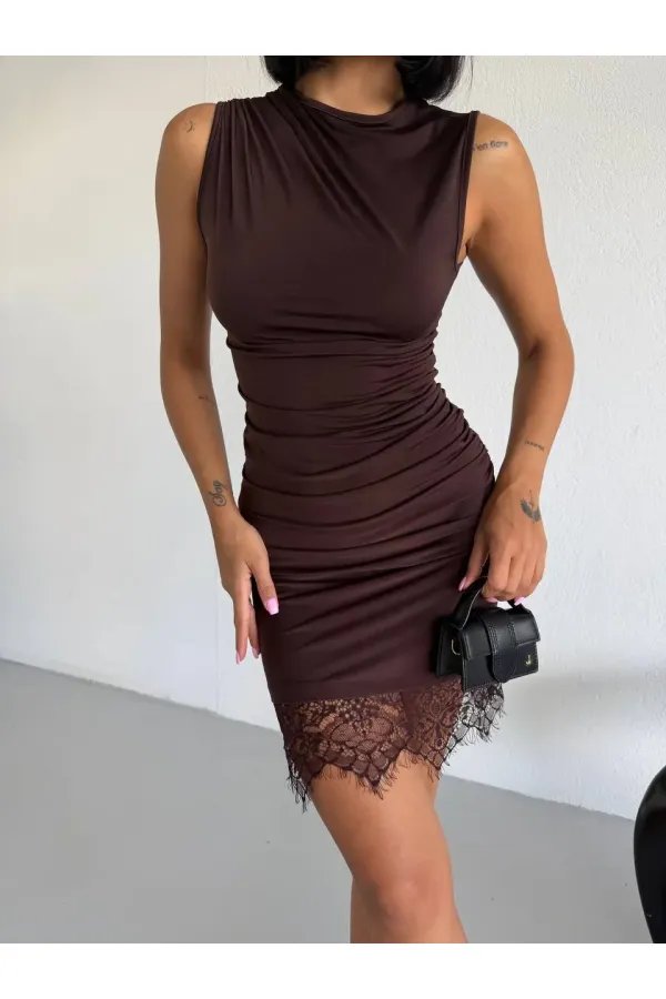 Women's Brown Sleeveless Lace Detail Sandy Mini Dress HZL26S-FRY123921 Women's Brown Sleeveless Lace Detail Sandy Mini Dress HZL26S-FRY123921