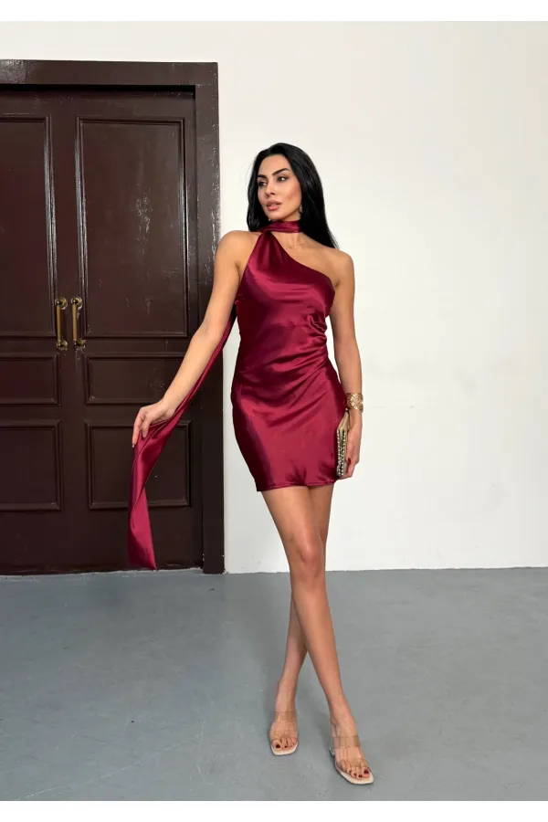 Women's Burgundy Off-Shoulder and Backless Satin Mini Dress HZL26W-FRY123611