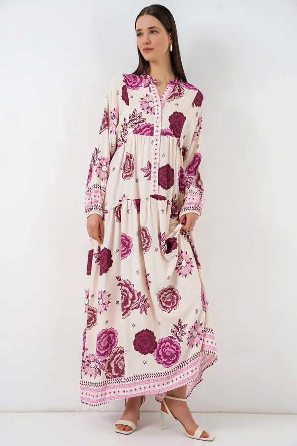 Women's Patterned Long Hijab Dress 2585 - D. Fuchsia