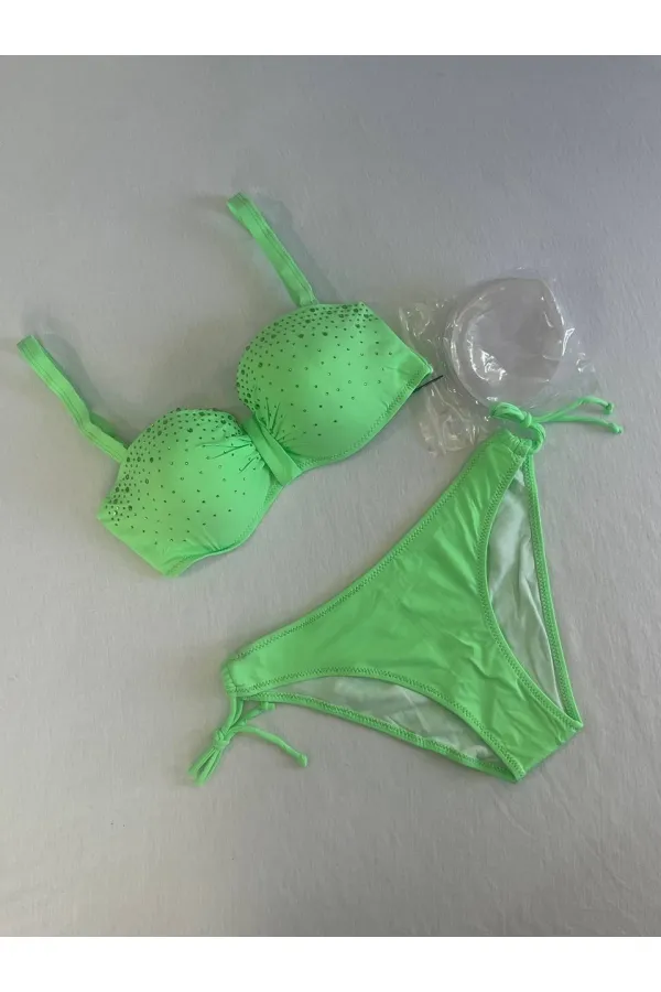 Kadın Yeşil Taş İşlemeli 3 Parça Bikini Takım HZL25S-LC3315