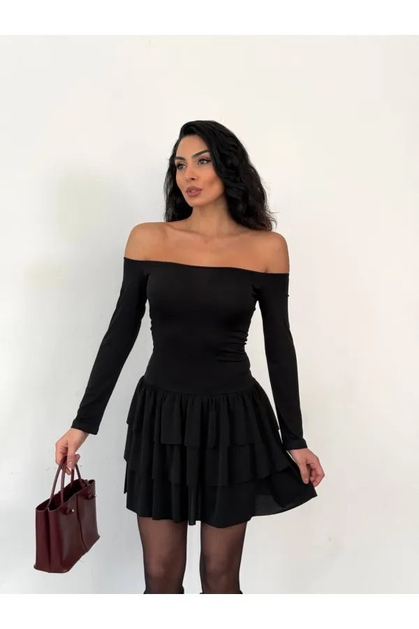 Women's Black Strapless Neckline Layered Skirt Detail Mini Dress HZL25W-FRY123581