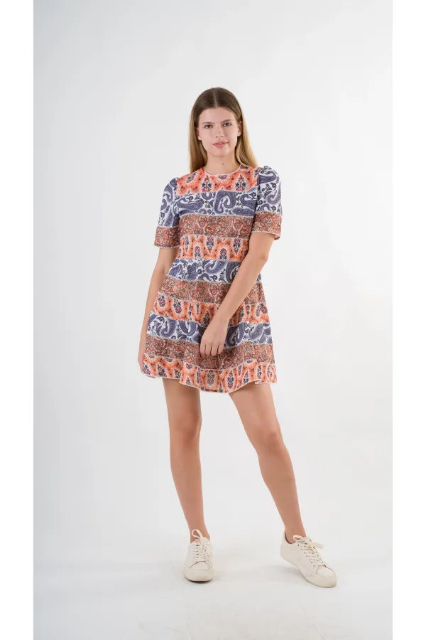 Kadın Lacivert Orange Etnik Desenli Bisiklet Yaka Astarsız Elbise HZL24S-YY238