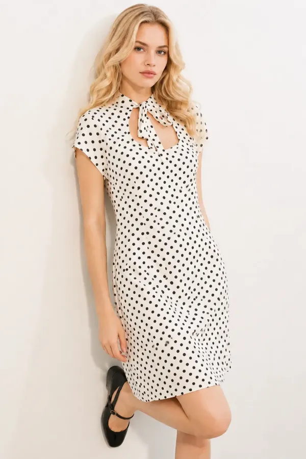 Women's Off-White Short Polka Dot Dress with Bow Detail HZL26S-BD126051 Women's Off-White Short Polka Dot Dress with Bow Detail HZL26S-BD126051