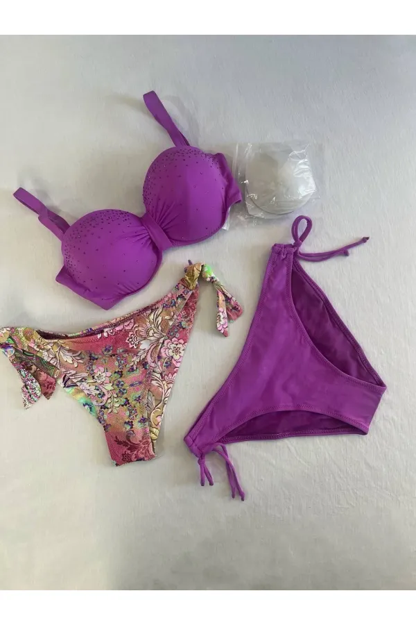 Women's Lilac Stone Embroidered 3-Piece Bikini Set HZL25S-LC3315