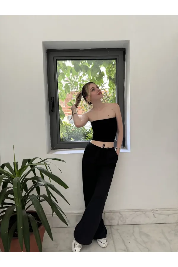 Women's Black Elastic Waist Wide Leg Linen Trousers with Pockets HZL24S-ZK11051