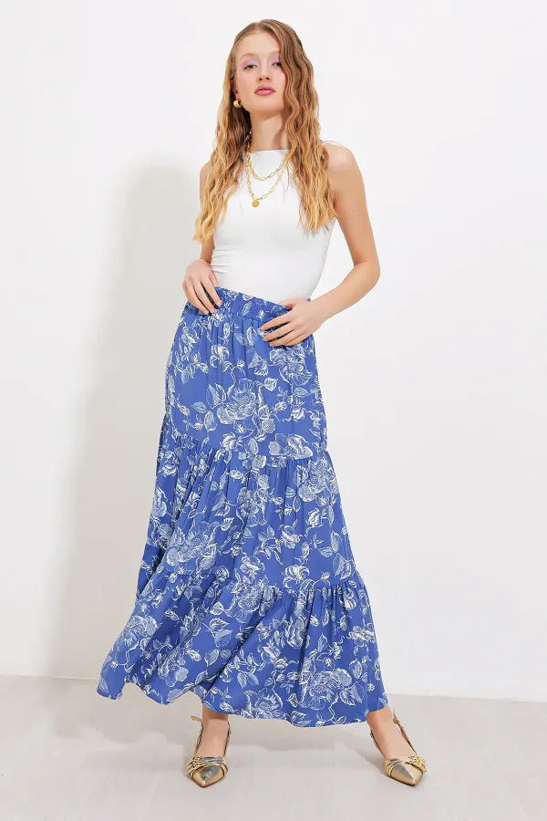 Women's Indigo Patterned Long Viscose Skirt 1898
