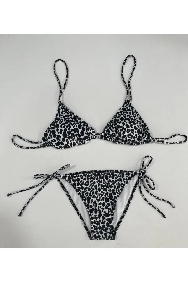 Kadın Leopar Siyah Boyundan İp Bağlamalı Üçgen Bikini Takımı HZL25S-LC5005