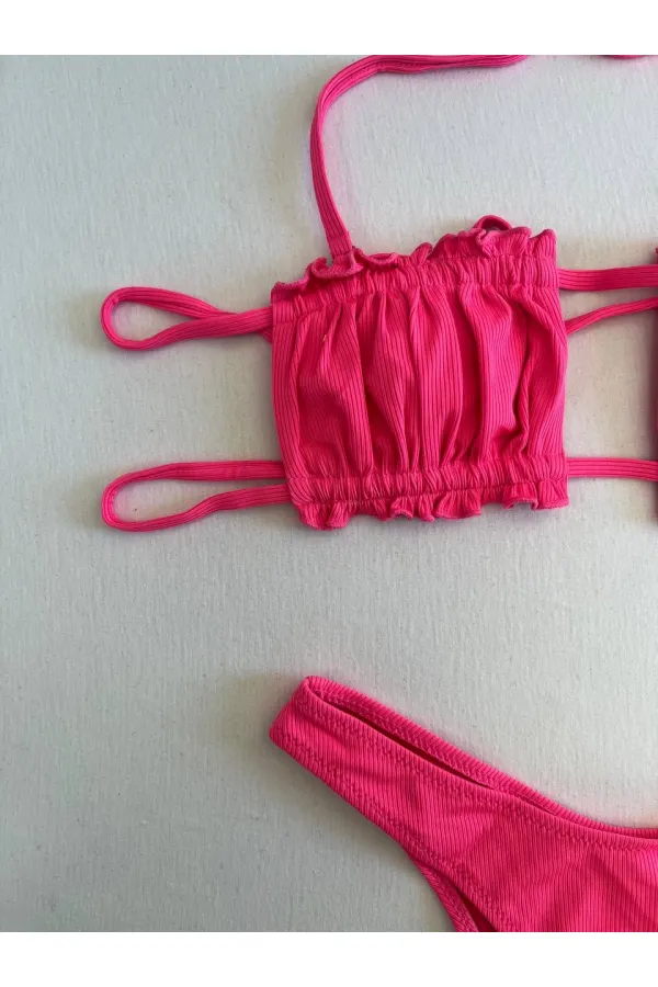 Kadın Pembe İp Bağlamalı Büzgülü Straplez Bikini Takım HZL25S-LC2226