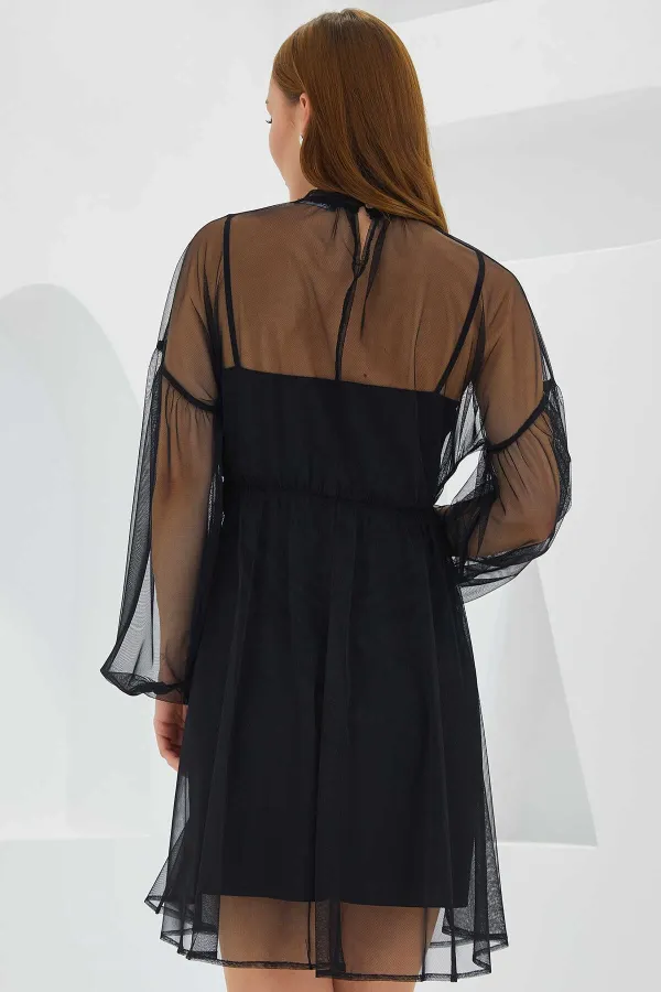 Robe courte noire en tulle doublée avec jupon pour femme HZL24S-BD124851