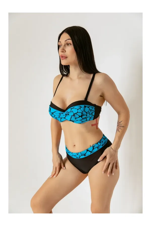 Women's Blue Black Patterned Lined Bikini Set HZL25S-LC25143