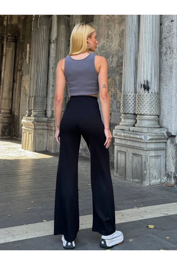 Kadın Siyah Yüksel Bel Kemer Detaylı İspanyol Paça Pantolon HZL25W-ZK11481