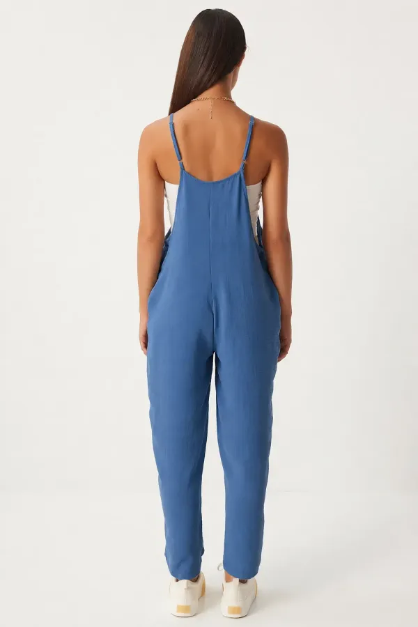 Women's Indigo Blue Adjustable Strap Wide Leg Overalls with Pockets HZL22S-BD170191