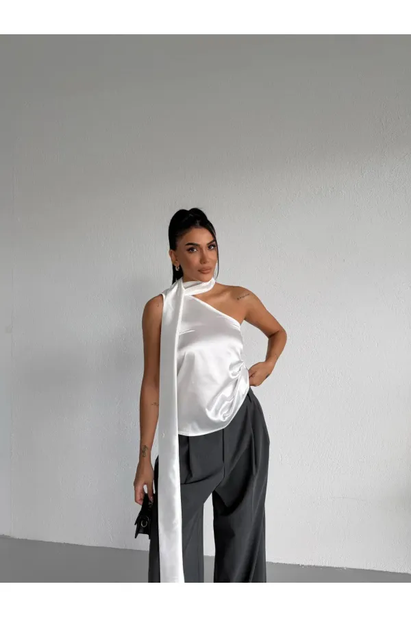 Chemisier asymétrique en satin blanc pour femme, col châle et encolure à nouer HZL26W-FRY123731