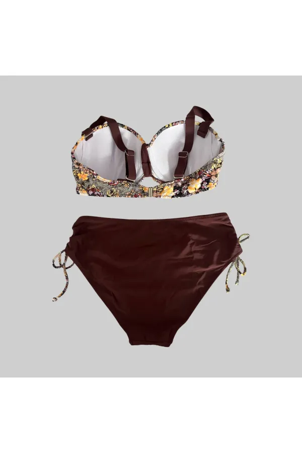 Kadın Kahve Çiçek Desenli Büyük Beden Astarlı Lacivert Bikini Takım HZL25S-LC3301