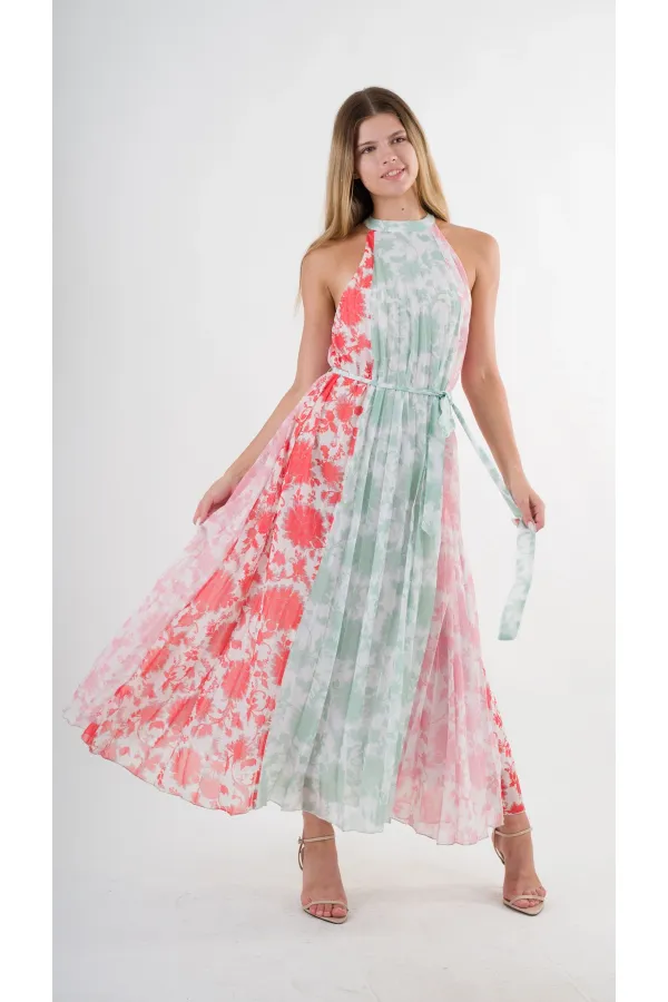 Kadın Kırmızı Yeşil Bloklu Yaprak Desenli Halter Yaka Kuşaklı Astarlı Uzun Elbise HZL24S-YY233