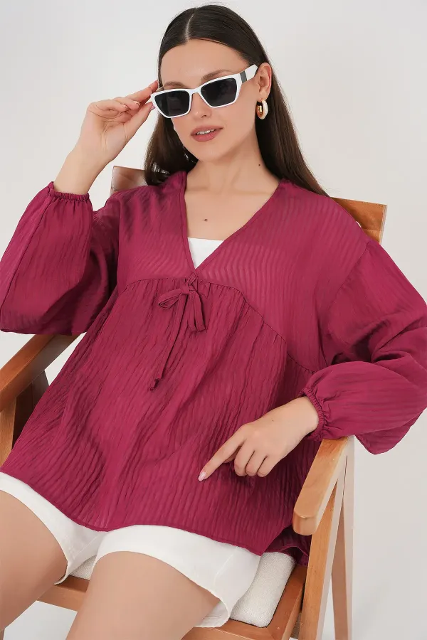 Women's Front Lace-Up Long-Sleeve Blouse 946 - Burgundy
