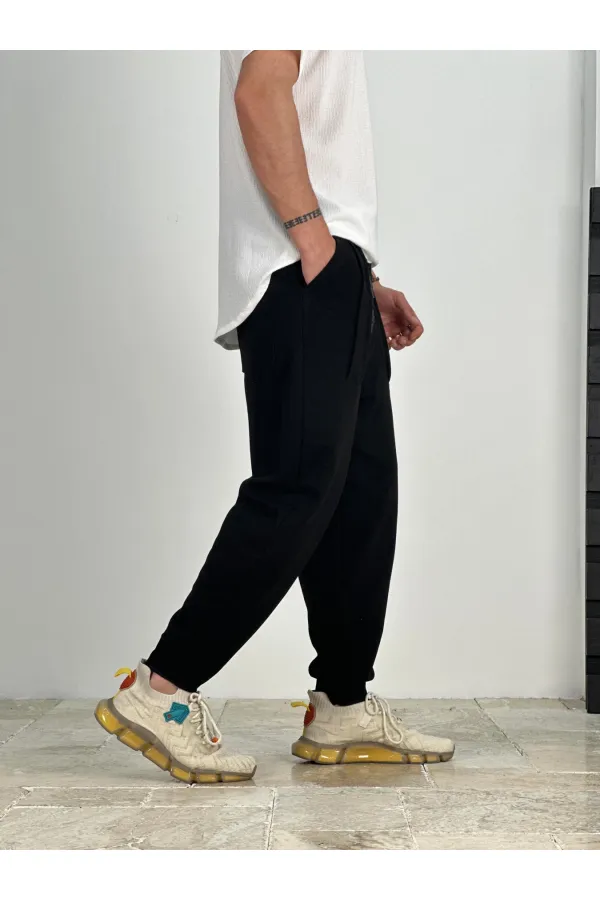 Erkek Siyah Beli İp Bağlamalı Bol Kesim Cepli Pantolon Eşofman Altı HZL24S-MXC9019-25