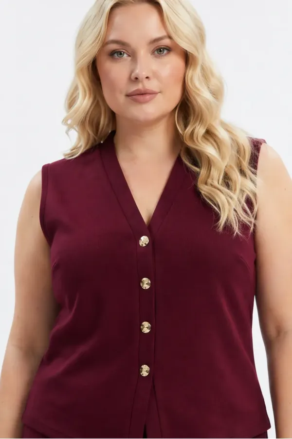 Kadın Bordo Büyük Beden V Yaka Yelek Pantolon İkili Takım HZL26S-PR12131