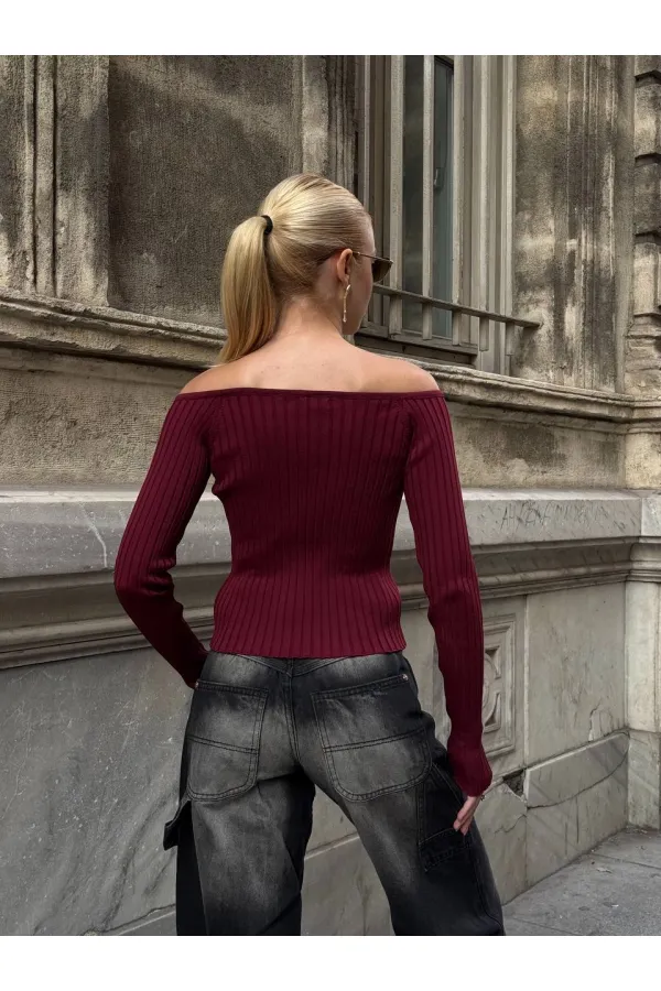 Kadın Bordo Önden Bağlamalı Madonna Yaka Crop Bluz HZL25W-ZK10331