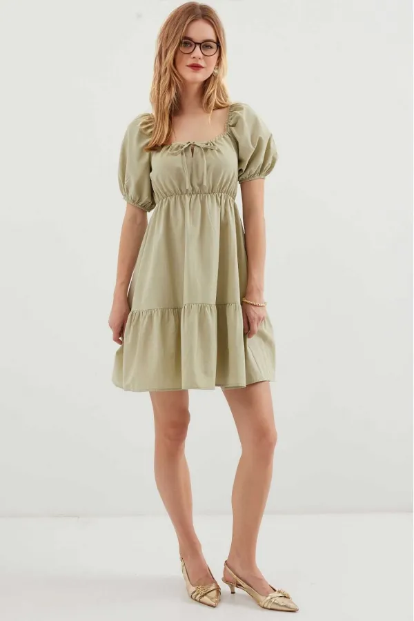 Robe évasée en popeline verte à col froncé et taille élastique pour femme Çağla HZL22S-BD123511