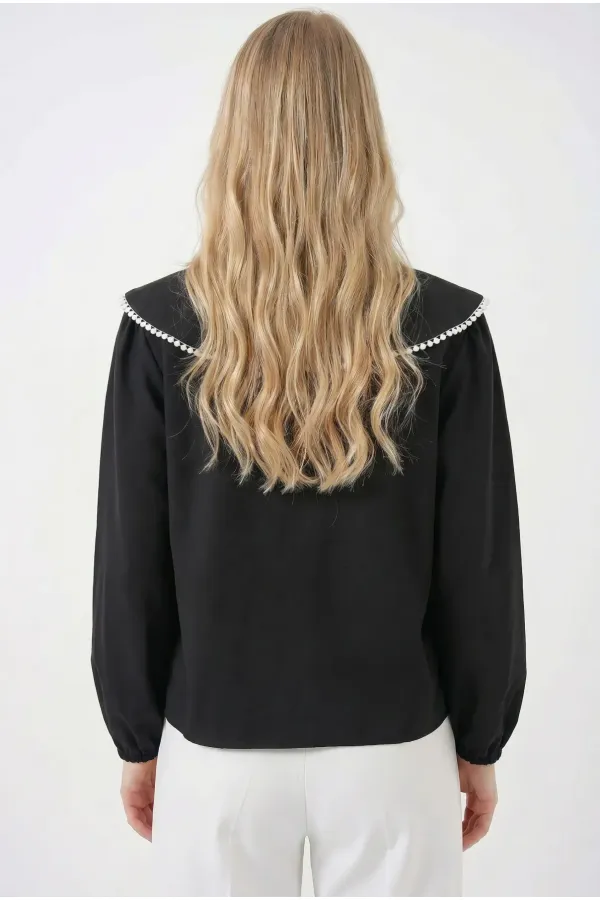 Kadın Siyah Bebe Yaka Düğmeli Şık Günlük Gömlek HZL26S-BD1203141