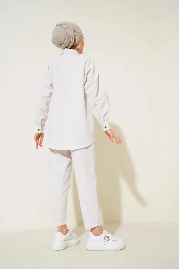 Kadın Tesettür Krem Keten Gömlek Pantolon  Alt-Üst İkili Takım HZL24W-BD166221