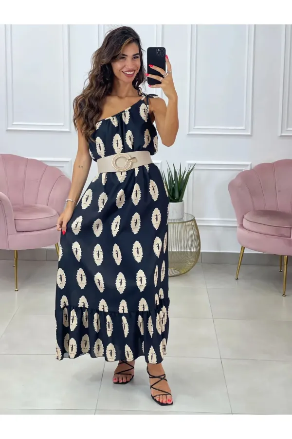 Kadın Siyah Baskılı Omuzdan Bağlamalı Astarsız Uzun Elbise HZL24S-DSB135911