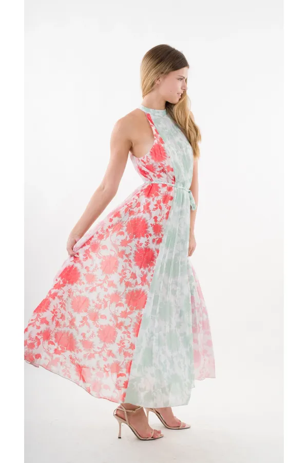 Kadın Kırmızı Yeşil Bloklu Yaprak Desenli Halter Yaka Kuşaklı Astarlı Uzun Elbise HZL24S-YY233