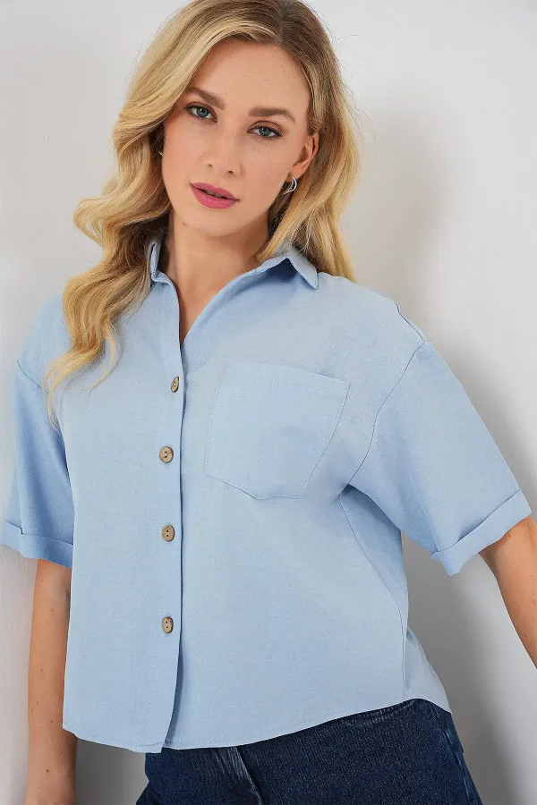 Women's Linen-Look Crop Shirt 20339 - Blue