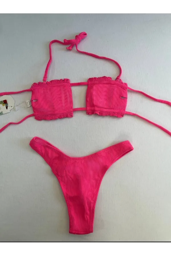 Kadın Pembe İp Bağlamalı Büzgülü Straplez Bikini Takım HZL25S-LC2226