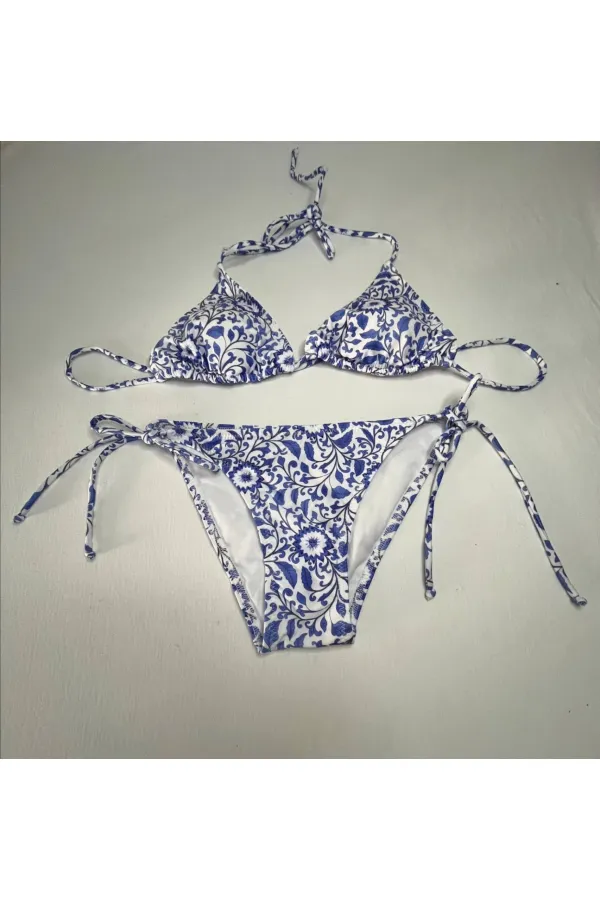 Women's Tile Pattern Blue White Patterned Neckline Triangle Bikini Set HZL25S-LC5005