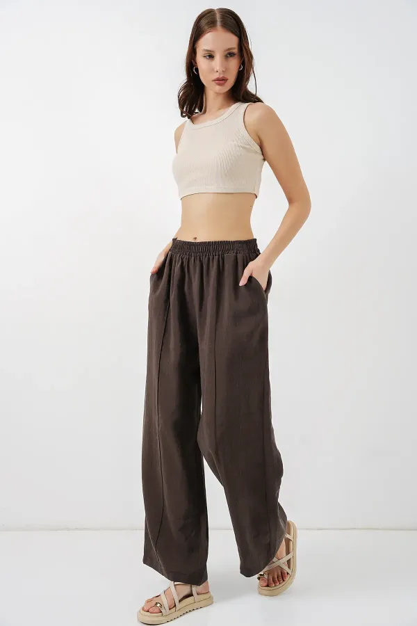 Kadın Beli Lastikli Bol Paça Pantolon 30087 - A.Kahve