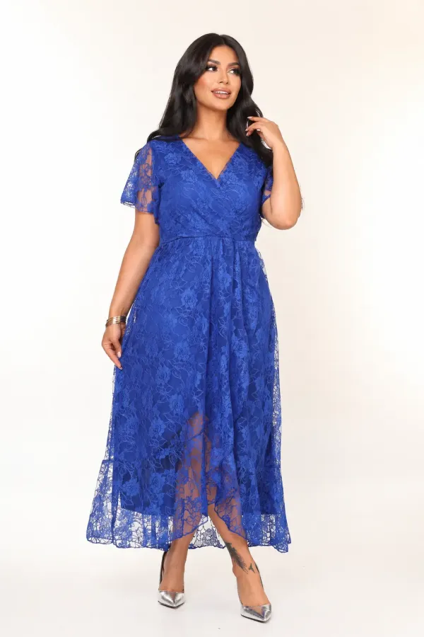 Kadın Saks Mavi Büyük Beden V Yaka Astarlı Dantel Detaylı Şık Abiye Elbise HZL26S-PR11071