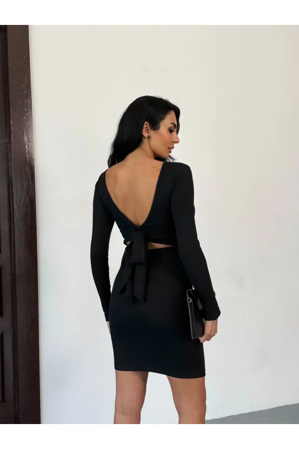 Women's Black Long Sleeve Tie-Down Back Camisole Mini Dress HZL25W-FRY120411