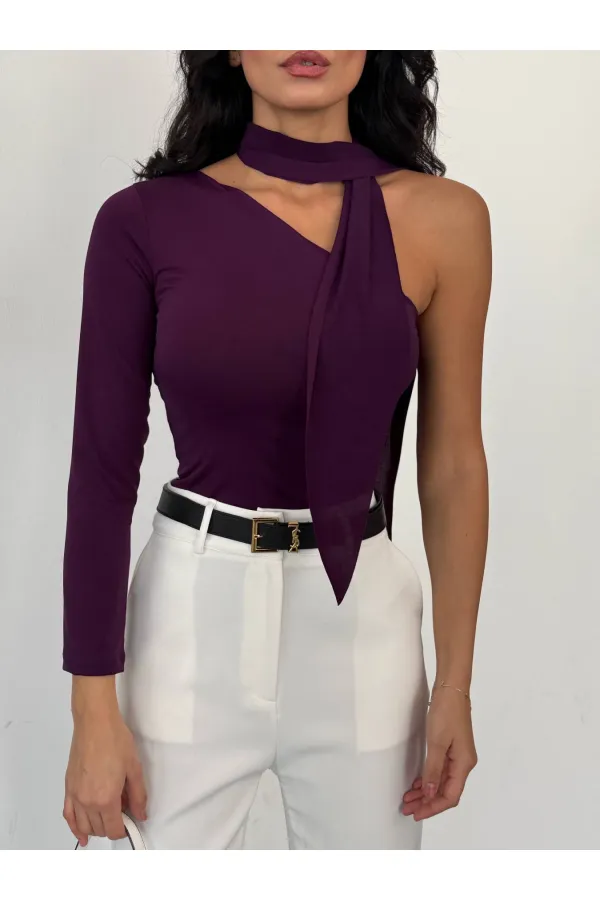 Kadın Mor Fularlı Sandy Kumaş Asimetrik Kesim Bluz HZL25S-FRY123371