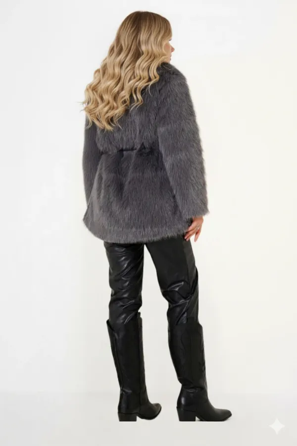 Manteau en fourrure pelucheux gris pour femme, doublé et détaillé, avec ceinture HZL25W-BD191561