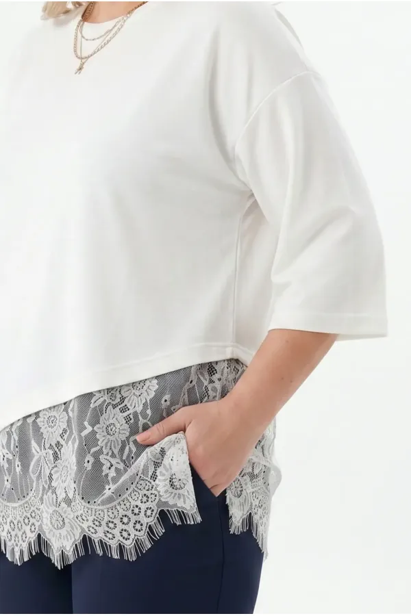 Women's White Plus Size Crew Neck Short Sleeve T-Shirt with Tulle Detail HZL26S-ZSS19521