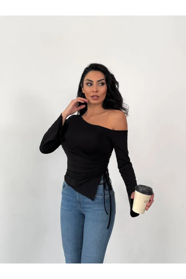 Kadın Siyah Asimetrik Kesim İspanyol Kol Beli Büzgülü Sandy Bluz HZL25W-FRY123591