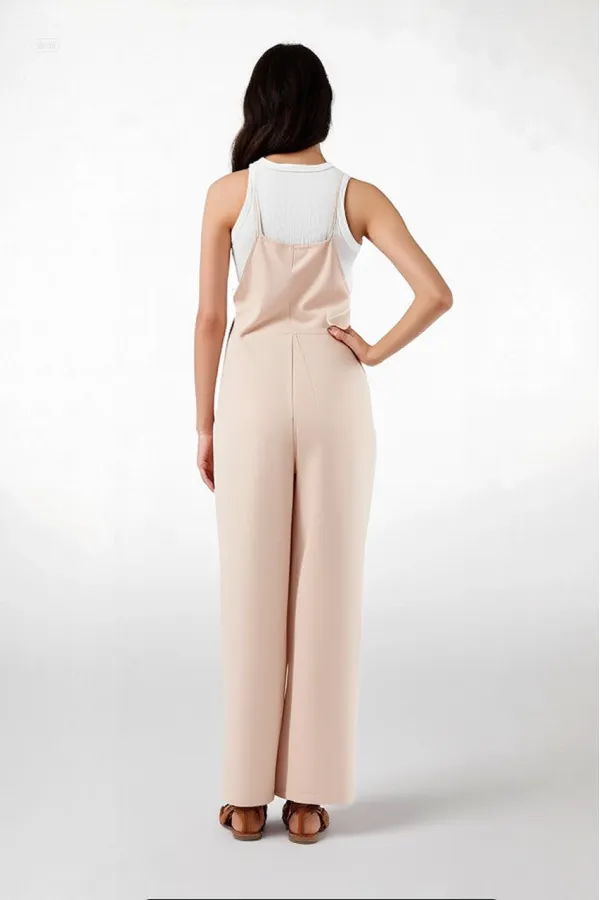 Kadın Krem Ayarlanabilir Askılı Cepli Bol Paça Bahçıvan Tulum HZL22S-BD170191