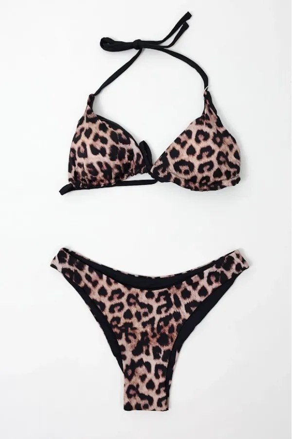 Kadın Siyah Leopar İp Bağlamalı Astarlı Üçgen Bikini Takım HZL24S-LC204