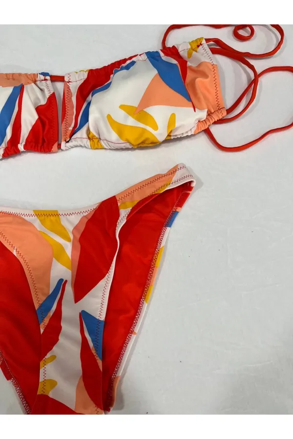 Ensemble bikini sans bretelles doublé à motifs tropicaux multicolores pour femme HZL25S-AR1666