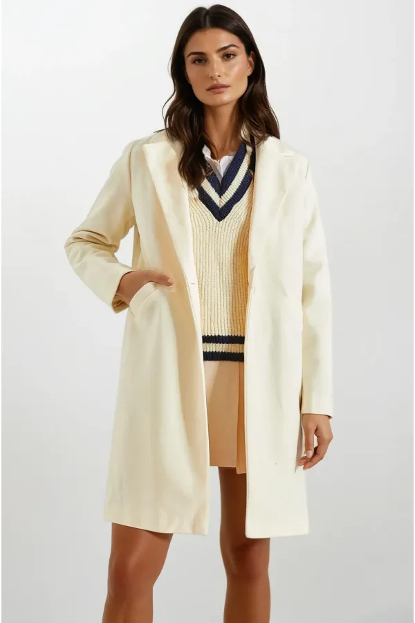 Kadın Ekru Tek Düğmeli Çift Cepli Astarlı Şık Kaşe Kaban HZL23W-BD190851