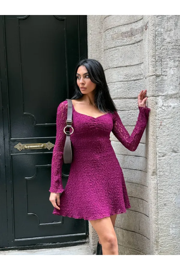Kadın Mor Uzun Kollu Dantel Detay Astarlı Kloş Elbise HZL25W-FRY123531