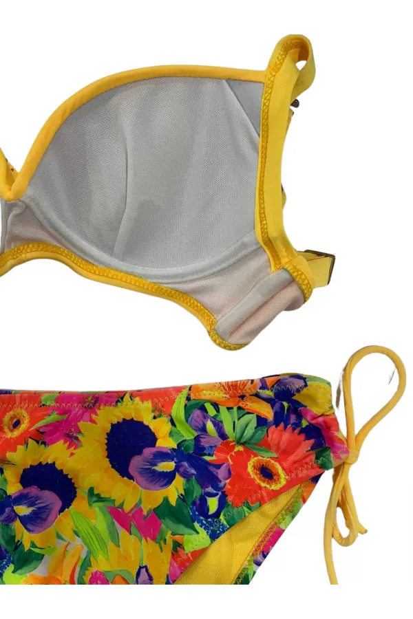 Kadın Sarı Çiçek Desenli Taş İşlemeli  Astarlı Bikini Takım HZL25S-LC3313