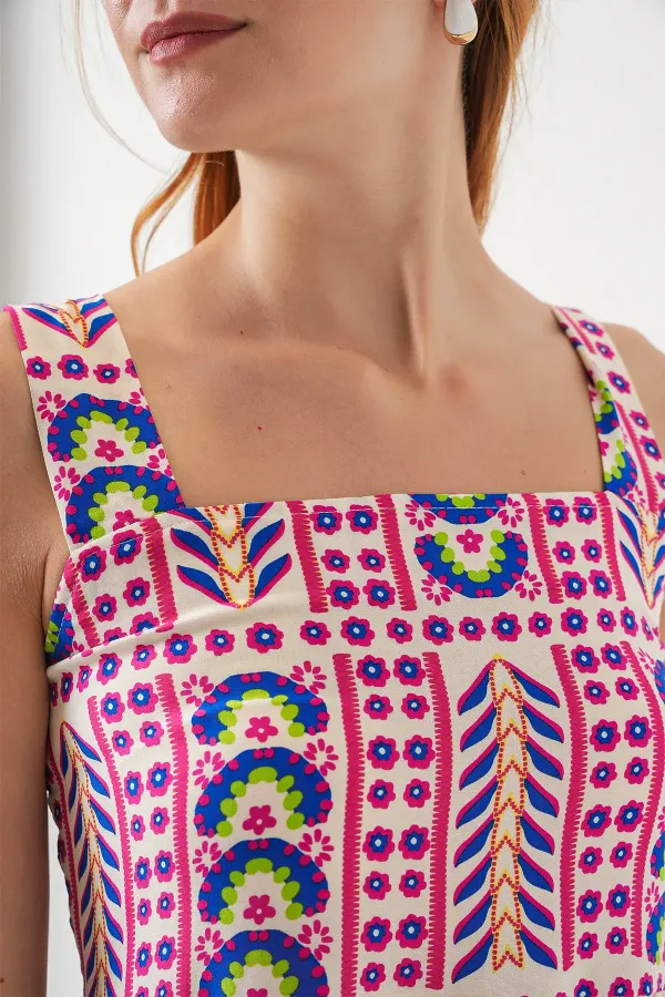 Robe midi à bretelles à motifs pour femme 2577 - Fuchsia